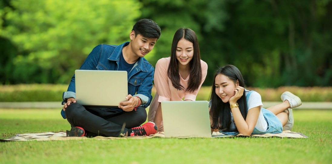 People sitting on the grass with laptops